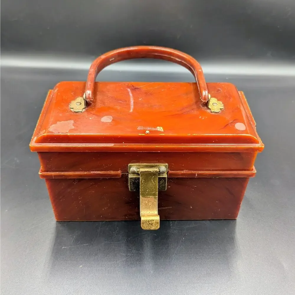Vintage Marbled Lucite Style Purse Trinket Jewelry Box Amber Brown Brass Clasp